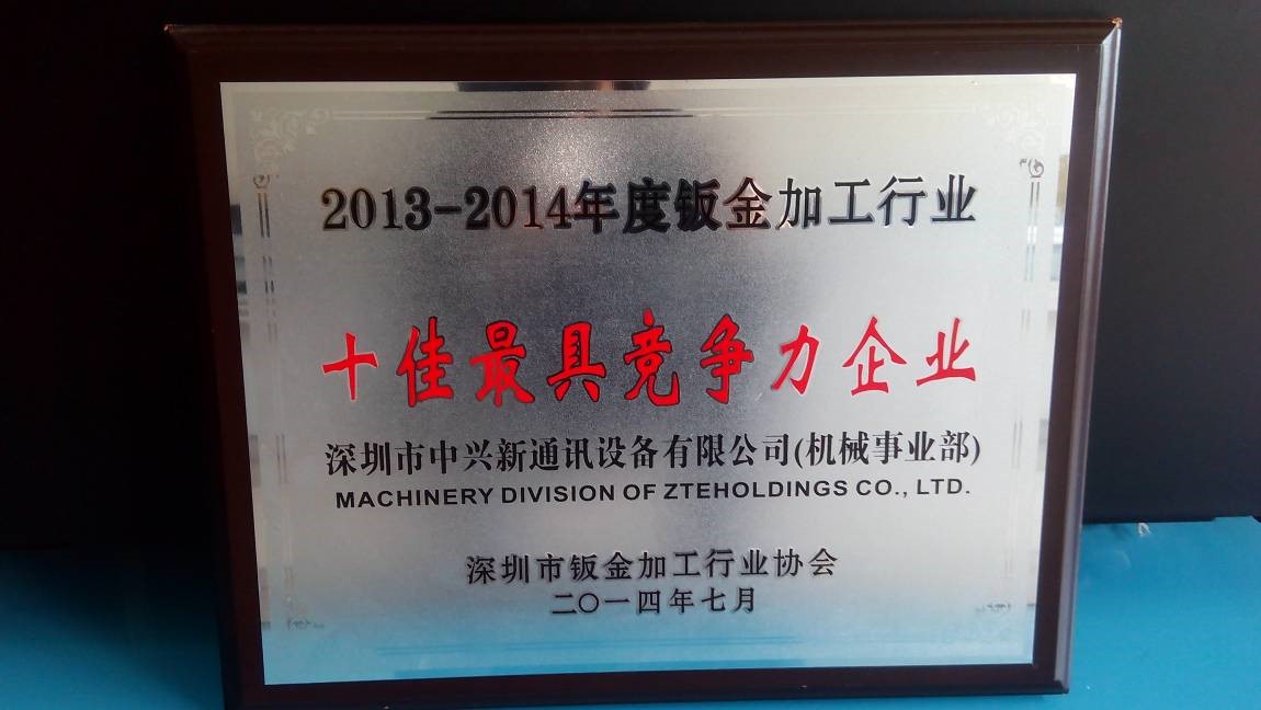 机械事业部荣获行业“十佳最具竞争力企业”荣誉称号